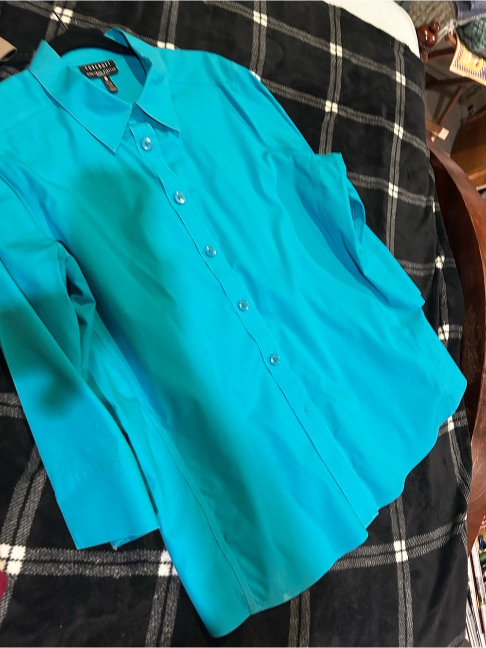 Foxcroft Teal Button-Down Stretch Blouse